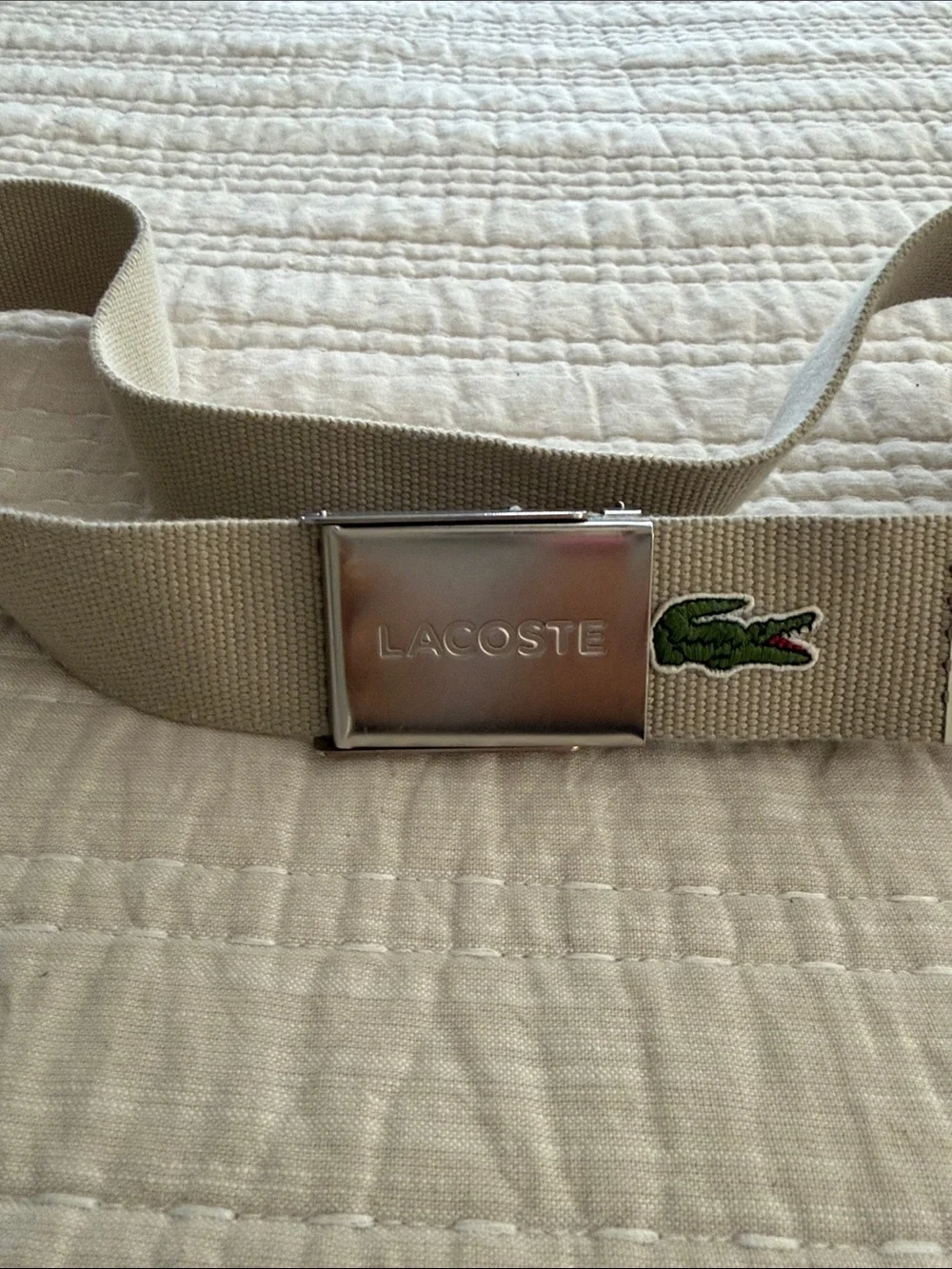 Lacoste Beige Canvas Belt with Metal Buckle and Green Croc Patch